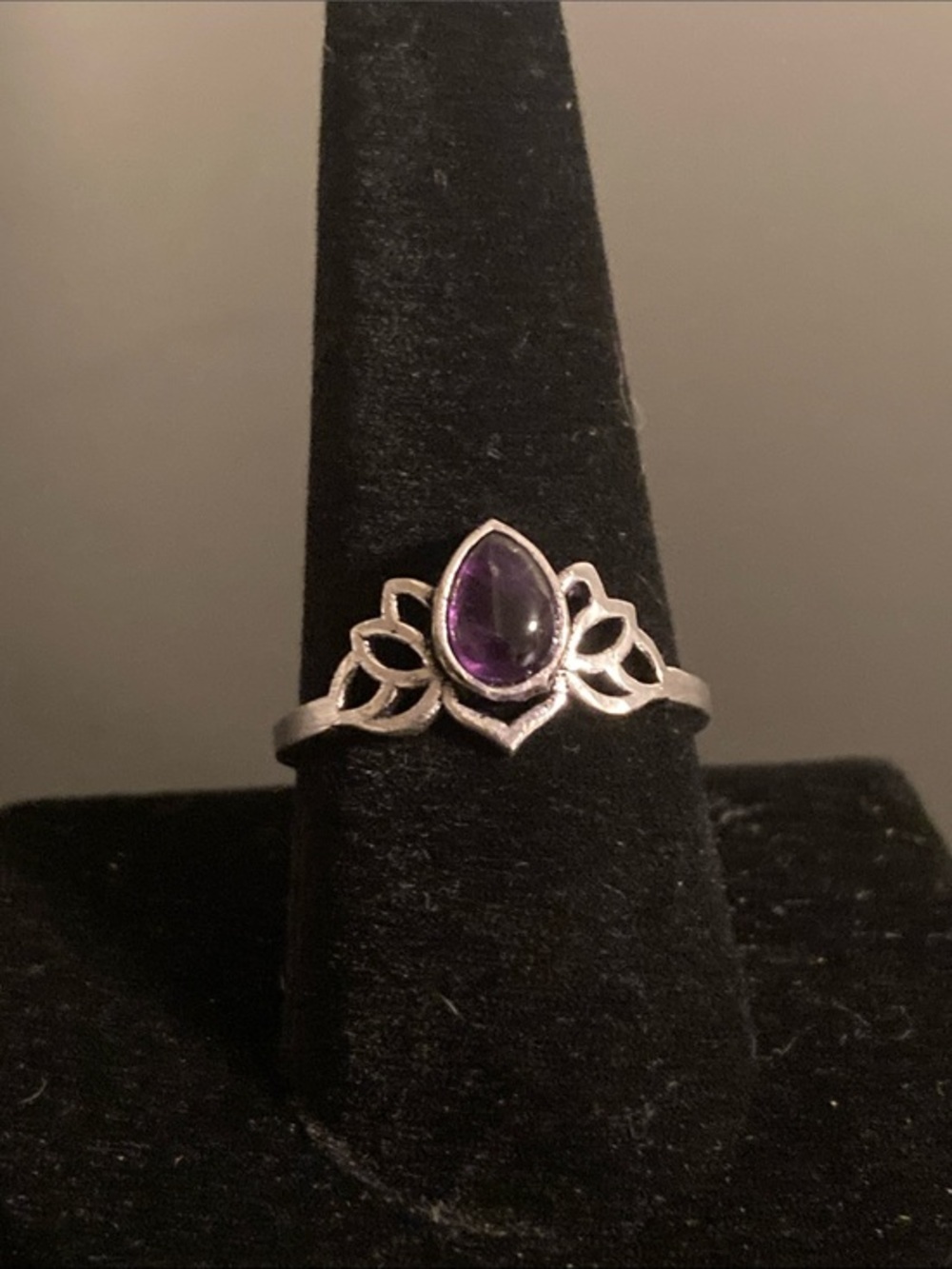 Sterling Silver Teardrop Amethyst Ring - Purple Lotus Design size 10